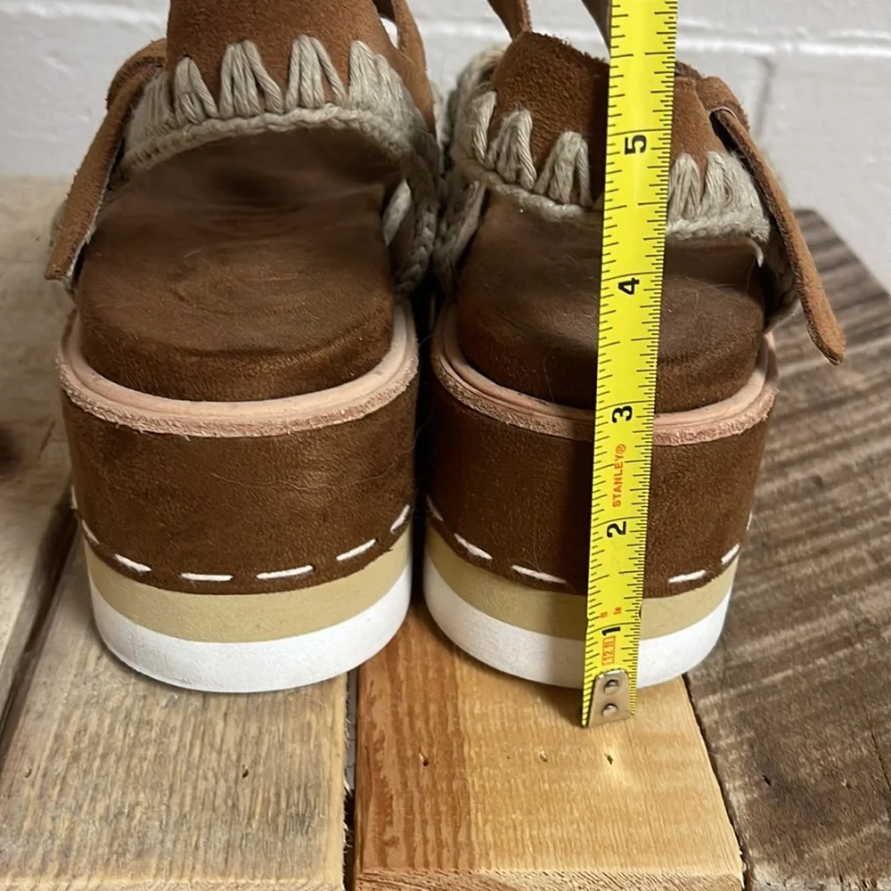 Mou Brown Suede Platform Sandals with Cream Stitching and Buckle